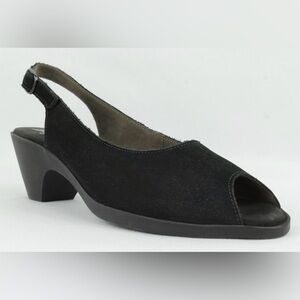 Mephisto Magdalena simple black suede leather open peep toe slingback low heel 8